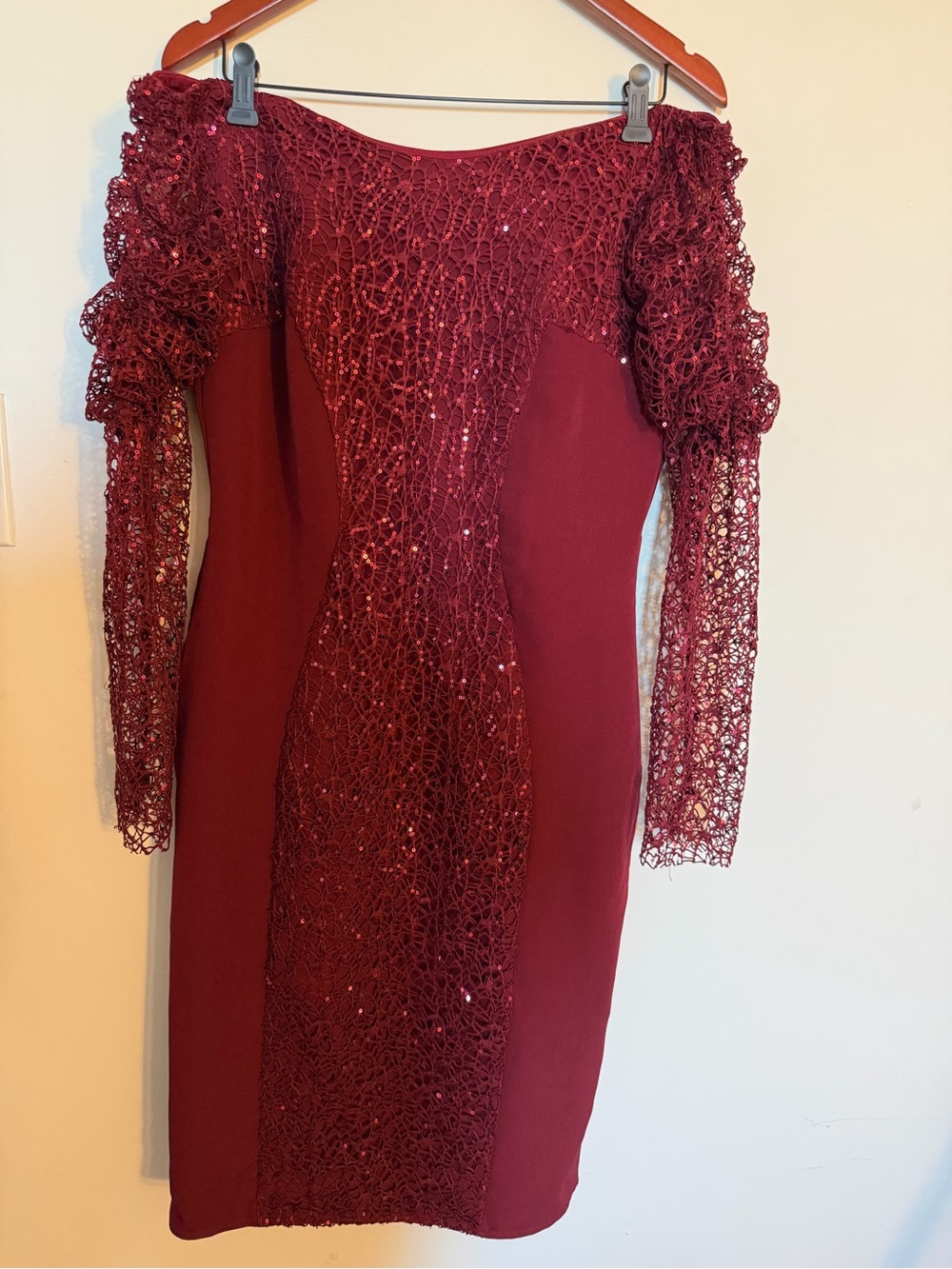 Wine Red Long Sleeve Lace-Detail Women's Dress